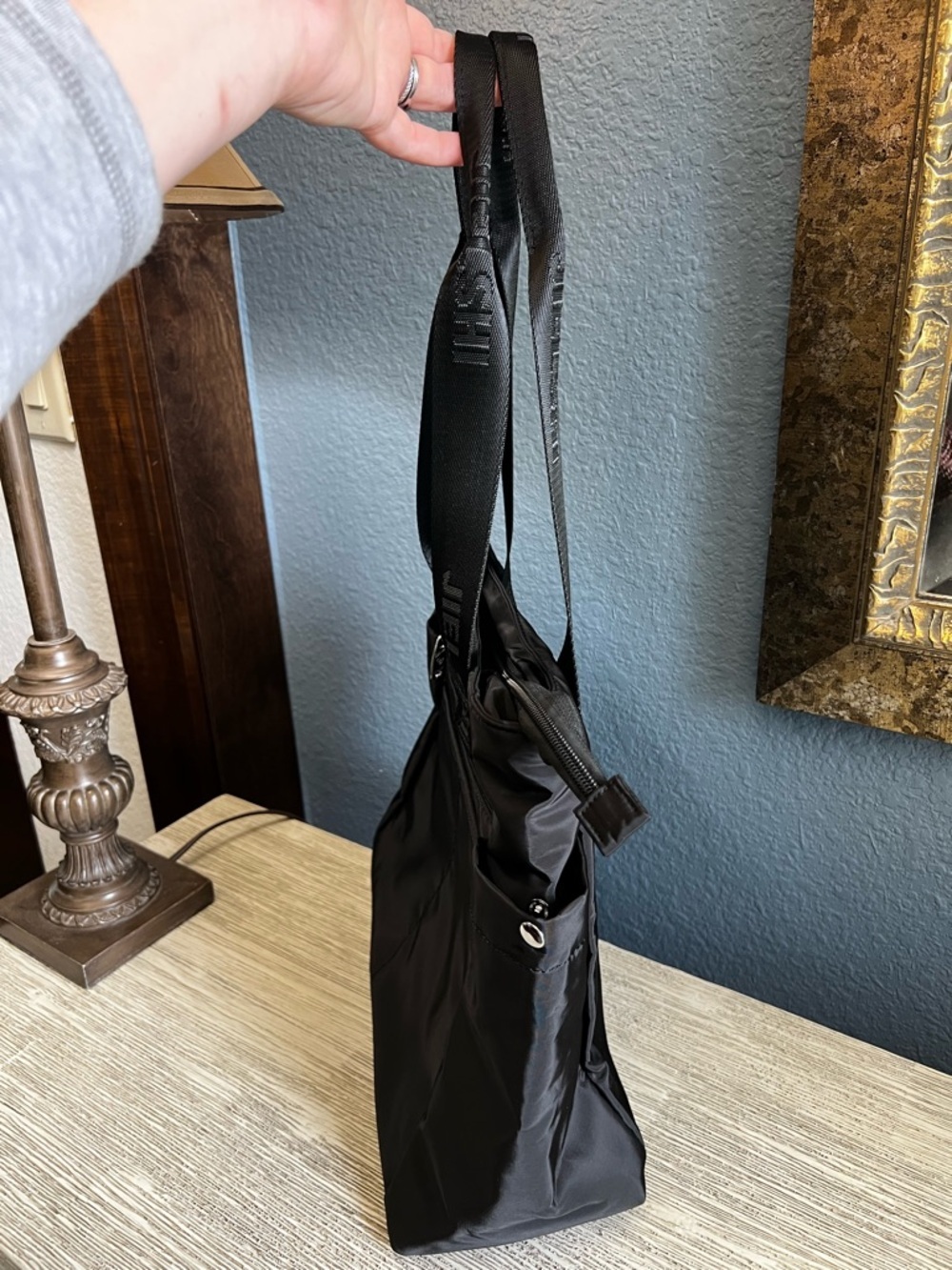 Black Shoulder Tote Bag with Logo Webbing Straps - Picture 2 of 10